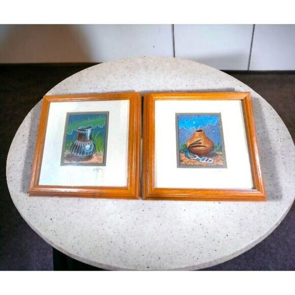 Pair Native American Pottery Southwest Painting Signed Spencer 1998 Framed VTG